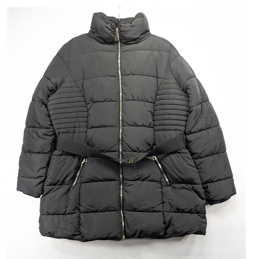 YMI Collection Black Belted Puffer‎ Jacket Plus Size 1X Gold Zip Fleece Lined